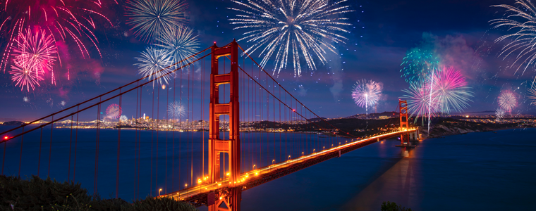 Fireworks over the Golden Gate Bridge.