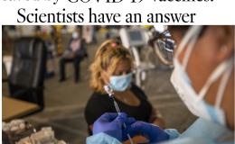 Gabriela Martinez prepares a dose of COVID-19 vaccine for Blandly Amaya at South Central Family Health Center in Los Angeles.(Francine Orr / Los Angeles Times)